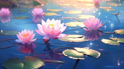 Poster - Beautiful water lilies floating on a peaceful lake, ideal for nature backgrounds