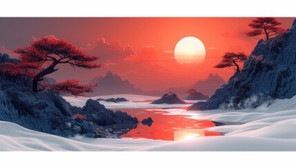 Wall Mural - Fantasy landscape with pine tree at sunset. 3D illustration.