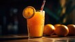A glass of orange juice with a straw and a slice of lemon. Perfect for summer menus and healthy lifestyle concepts
