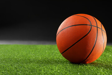 Wall Mural - Basketball ball on green grass against black background, space for text