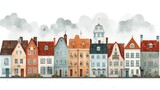 Fototapeta Uliczki - Row of houses with a clock tower on top. Suitable for real estate or travel concepts