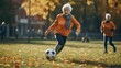 an older woman kicking a football ball