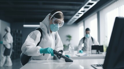 Sticker - A woman in a white lab coat and blue gloves. Suitable for scientific or medical concepts