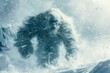 Artistic representation of a mythical Yeti creature roaring in a blizzard with icy mountains in the backdrop