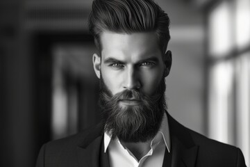 Wall Mural - Indoor black and white portrait of a stylish bearded businessman with a perfect hairstyle
