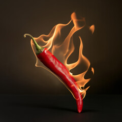 Wall Mural - Red chili pepper in flames on dark backdrop