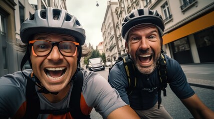 Sticker - Two men cycling down urban road, suitable for sports or leisure concepts