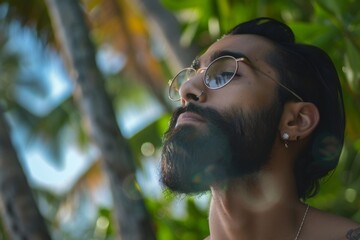 Wall Mural - Portrait of a young Indian male model with a beard and black hair wearing a trendy haircut fashion earring and glasses against a backdrop of green