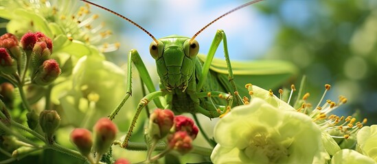 Wall Mural - A detailed view of a bright green grasshopper perched on a vibrant flower in a garden, showcasing intricate details of its body and the delicate structure of the petals.