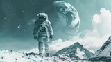 Fototapeta Do pokoju - A drawing of an astronaut taking steps on another planet. An explorer of new worlds. Concept of space exploration. Unreal landscape with astronaut walking forward
