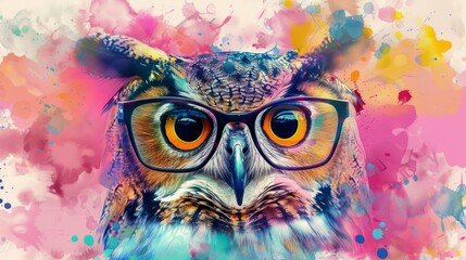  A cute multicolored owl with glasses is painted with watercolors. Close portrait of eagle-owl. Digital art. Printable design for t-shirt, bag, postcard, case and other products