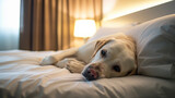 Fototapeta  - Cachorro labrador fofo deitado na cama de  um hotel  - Papel de parede