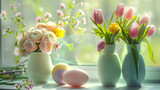 Fototapeta Na drzwi - Easter scene in a kitchen with decorations, eggs, flowers in vases, light pastel holiday background