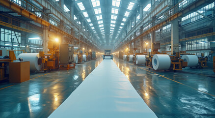 Wall Mural - Large industrial hall with bright corridor and long white roll of paper.