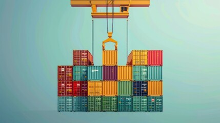Wall Mural - A crane lifts a cargo container, showcasing an industrial crane hook and a stack of colorful cargo containers. This set of elements represents the concept of freight shipping. Vector illustration.