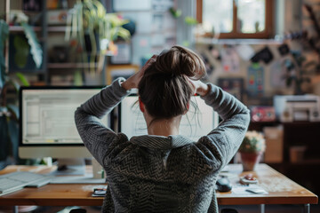 Frustrated woman developer with head in hands sitting in front of computer