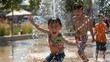 Vibrant image of happy children laughing and playing in a water splash pad during a sunny day, showcasing summer fun and joyful moments.