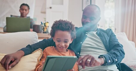 Poster - Parent, kid and learning with tablet on sofa for homeschool or online assessment and virtual education for courses. Dad, child and couch with touchscreen for digital literacy and growth development.