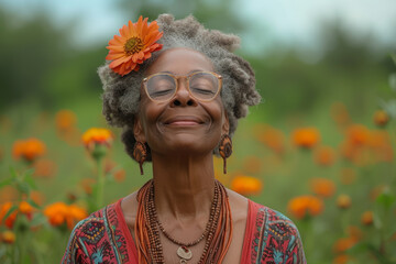 Wall Mural - A woman practicing laughter yoga in a community park, spreading joy through laughter exercises. Concept of therapeutic merriment. Generative Ai.