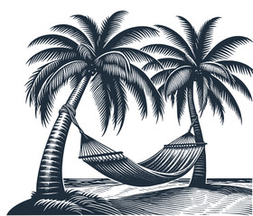 Hammock between two Palm Trees. Vintage woodcut engraving style vector illustration.