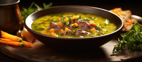 Sticker - A bowl filled with hearty beef and carrot soup garnished with vibrant green parsley leaves. The rich flavors of beef, the sweetness of carrots, and the refreshing essence of parsley combine in this