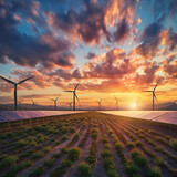 Fototapeta  - Odnawialne, zielone, ekologiczne źródła energii. Turbiny wiatrowe i panele fotowoltaiczne 