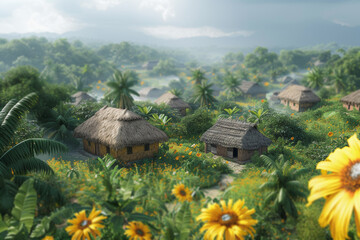 Poster - A traditional village characterized by houses crafted from sugar cane thatch. Generative Ai.