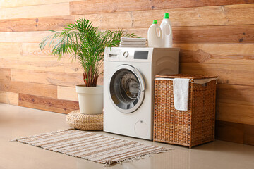 Wall Mural - Interior of room with washing machine, palm and laundry basket
