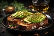 Toasts with avocado, nuts and honey on black plate, closeup. Avocado Toast. Healthy food concept with copy space. Vegan Food Concept with copy space.