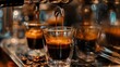 Close-up of a rich, dark espresso shot being extracted from a high-end, modern espresso machine in a cozy cafe setting.