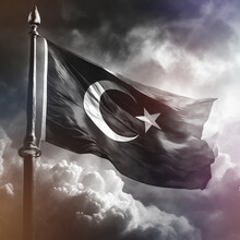 Silk Turkish Flag Waving Among The Clouds In Gray Sky With Wooden Flagpole Gold Spare Parts