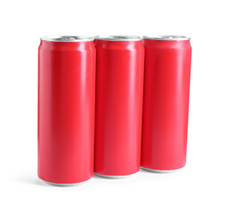 Wall Mural - Energy drinks in red aluminum cans on white background