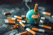 A cigarette butt in model of planet Earth. Concept of harms of smoking