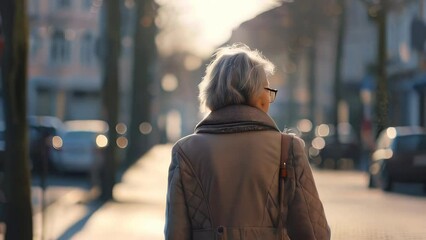 Wall Mural - Outdoor portrait of a beautiful middle-aged woman with short blond hair in a beige coat on a city street