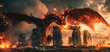 Angry evil dragon with red eyes and fire flames at Stonehenge.