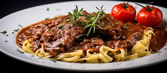 Poster - A white plate holds a generous portion of Italian pasta topped with tender pieces of venison and boar in a spicy gravy, garnished with fresh tomatoes.