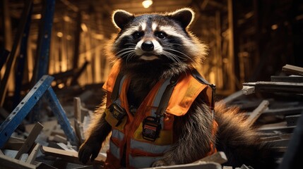 Poster - A raccoon wearing an orange vest standing in a building. Generative AI.