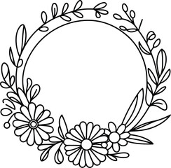 flower and leaf, botanical frame decoration, in continuous line drawing minimalist style.