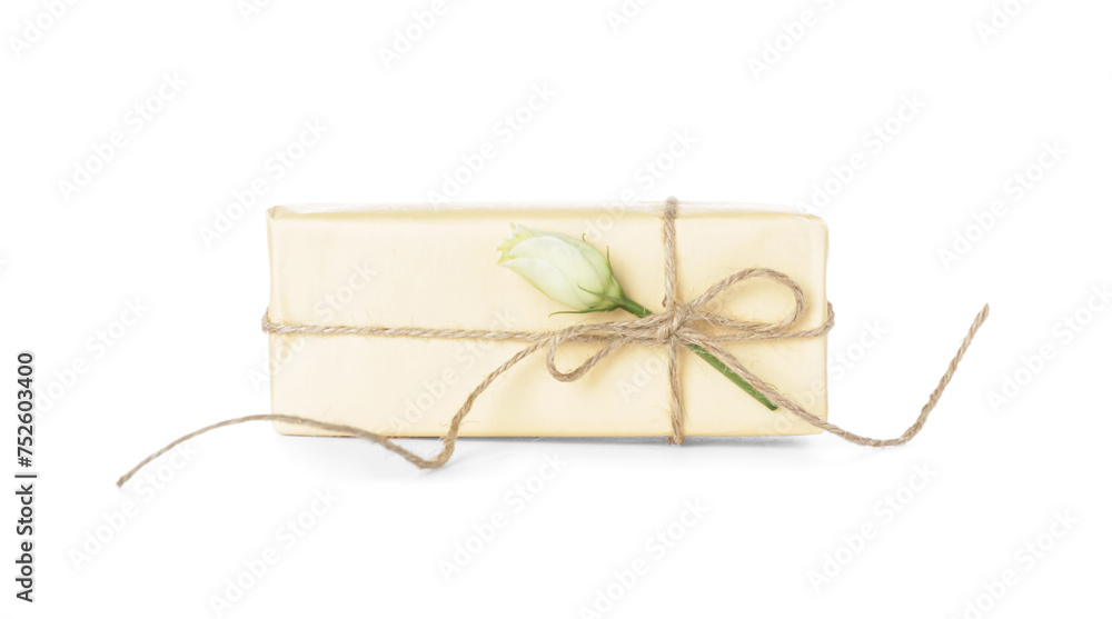 Gift box with beautiful rose on white background. International Women's Day