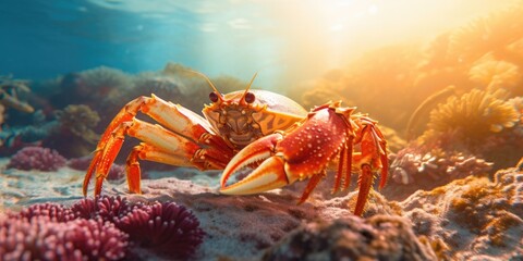 Poster - A crab is sitting on a coral reef. Generative AI.