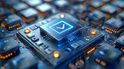 Illuminated blue checkmark on a circuit board. Concept of technology approval, digital validation, electronic security, software confirmation, tech quality assurance, and circuitry check.