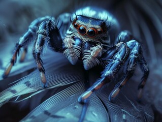 Poster - A blue spider with red eyes sitting on a feather. Generative AI.