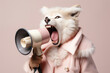 Whimsical fox in a pink coat, shouting into a megaphone