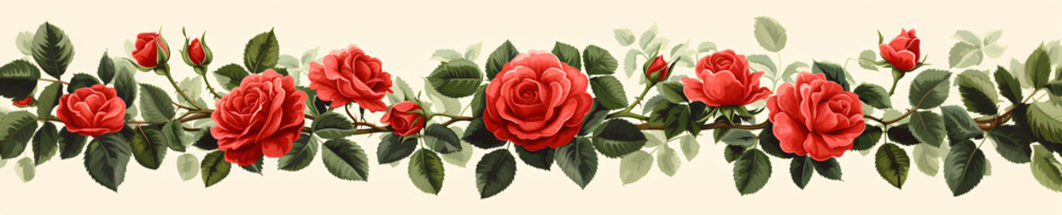 Wall Mural - Watercolor border made of red roses and green leaves on white background. Decoration for wedding invitation or greeting card for Women's and Valentine's day. Template with copy space