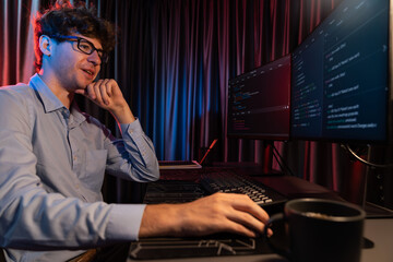 it developer thinking online software development information coding on pc screen at side view, work