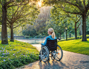 Disabled woman in a wheelchair in the park.