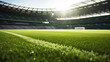 Sunlit Soccer Field with Fresh Green Grass in an Empty Stadium. Sports Venue Concept