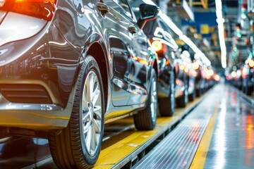 Poster - A line of cars are being manufactured in a factory