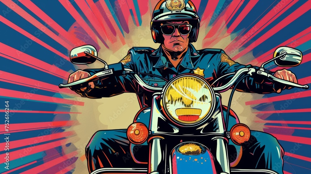 Vector illustration of police officer on motorcycle. Comic book. Stock ...
