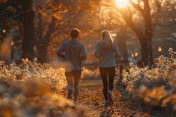 Poster - A couple running in a park with leaves on the ground